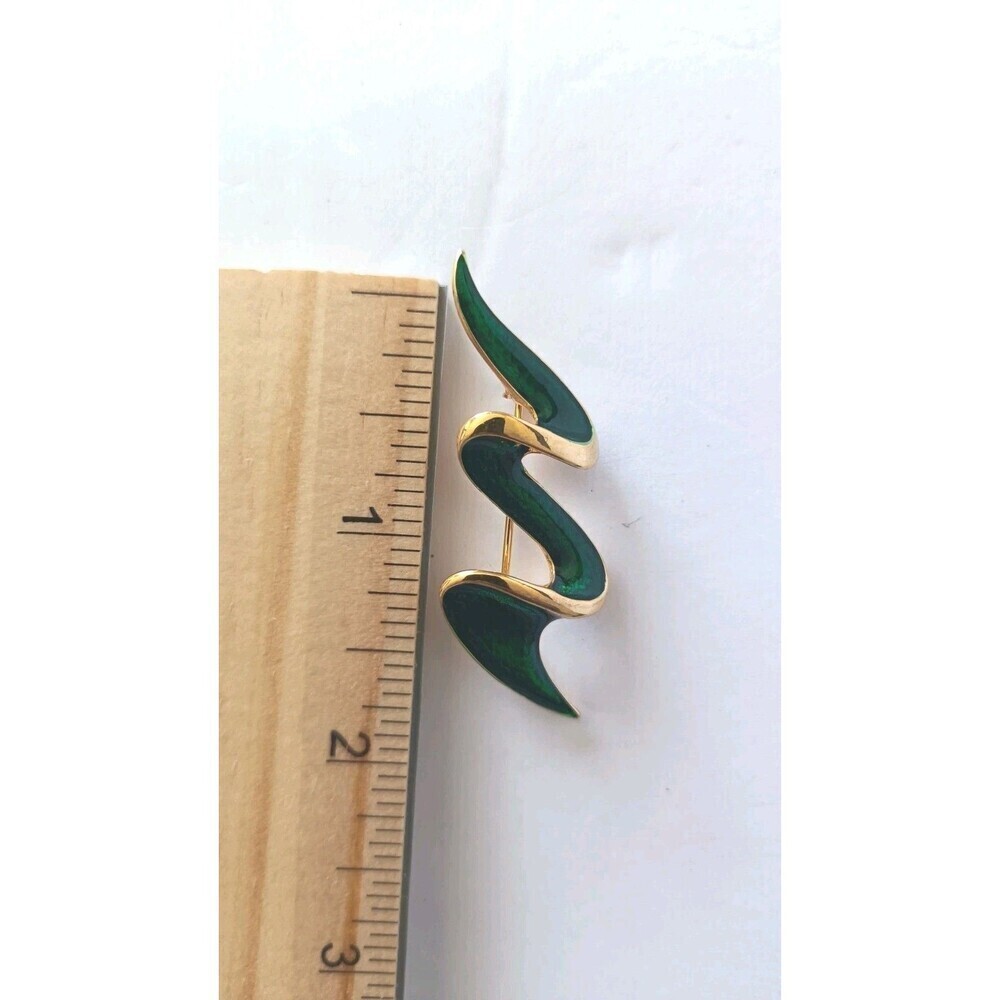 Vintage Abstract 80s Artistic Swirl Brooch Pin Forest Green Gold Tone - Picture 4 of 4